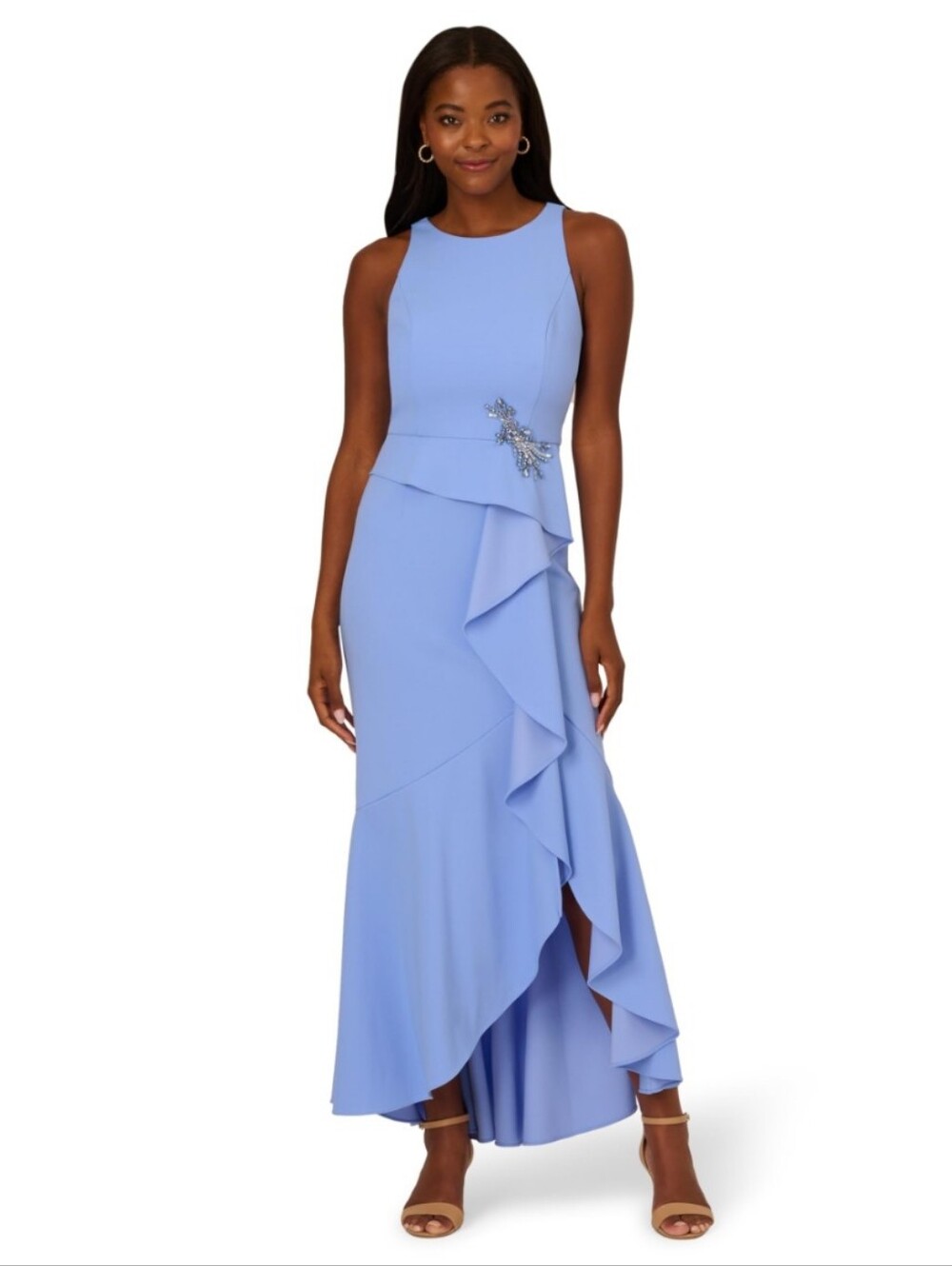 Adrianna Papell Cascading Ruffle Beaded Dress In Electric Ice